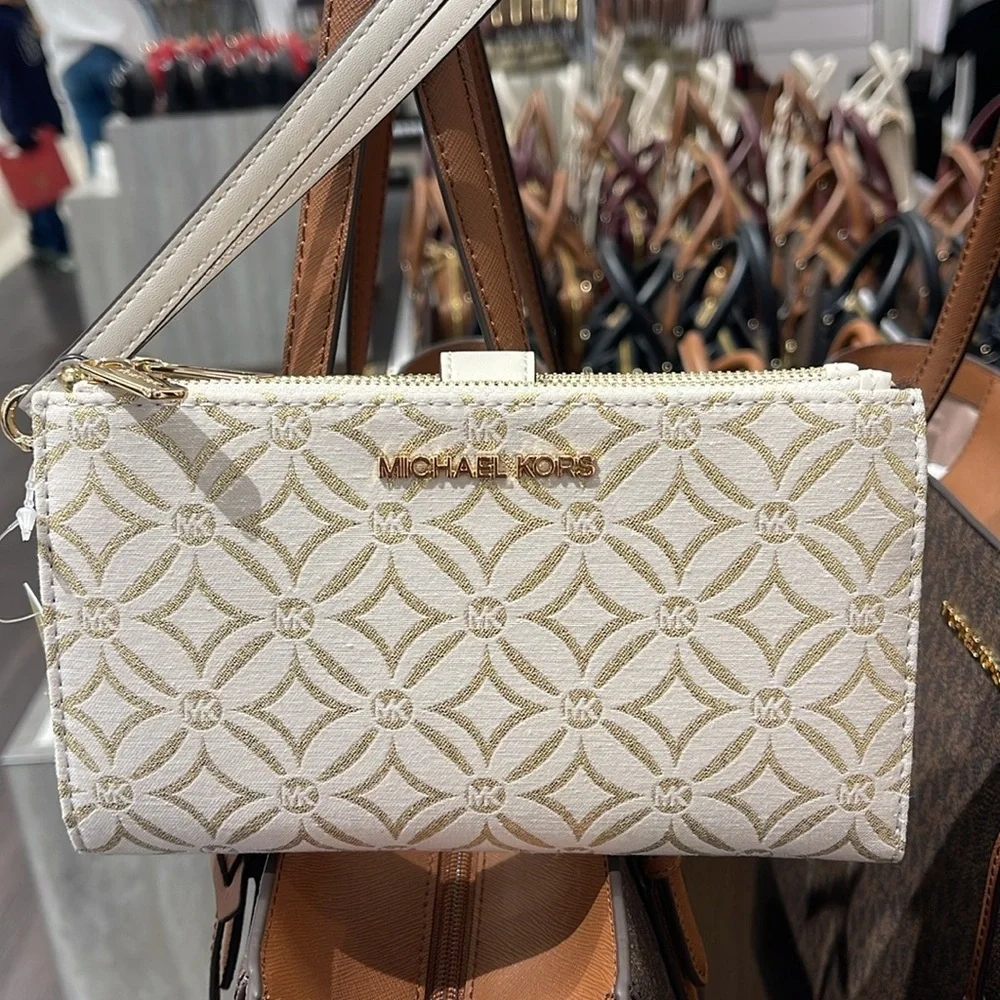 Michael Kors Jet Set Travel Large Double-Zip Wristlet-Wallet-PhoneHolder Pale Gd
